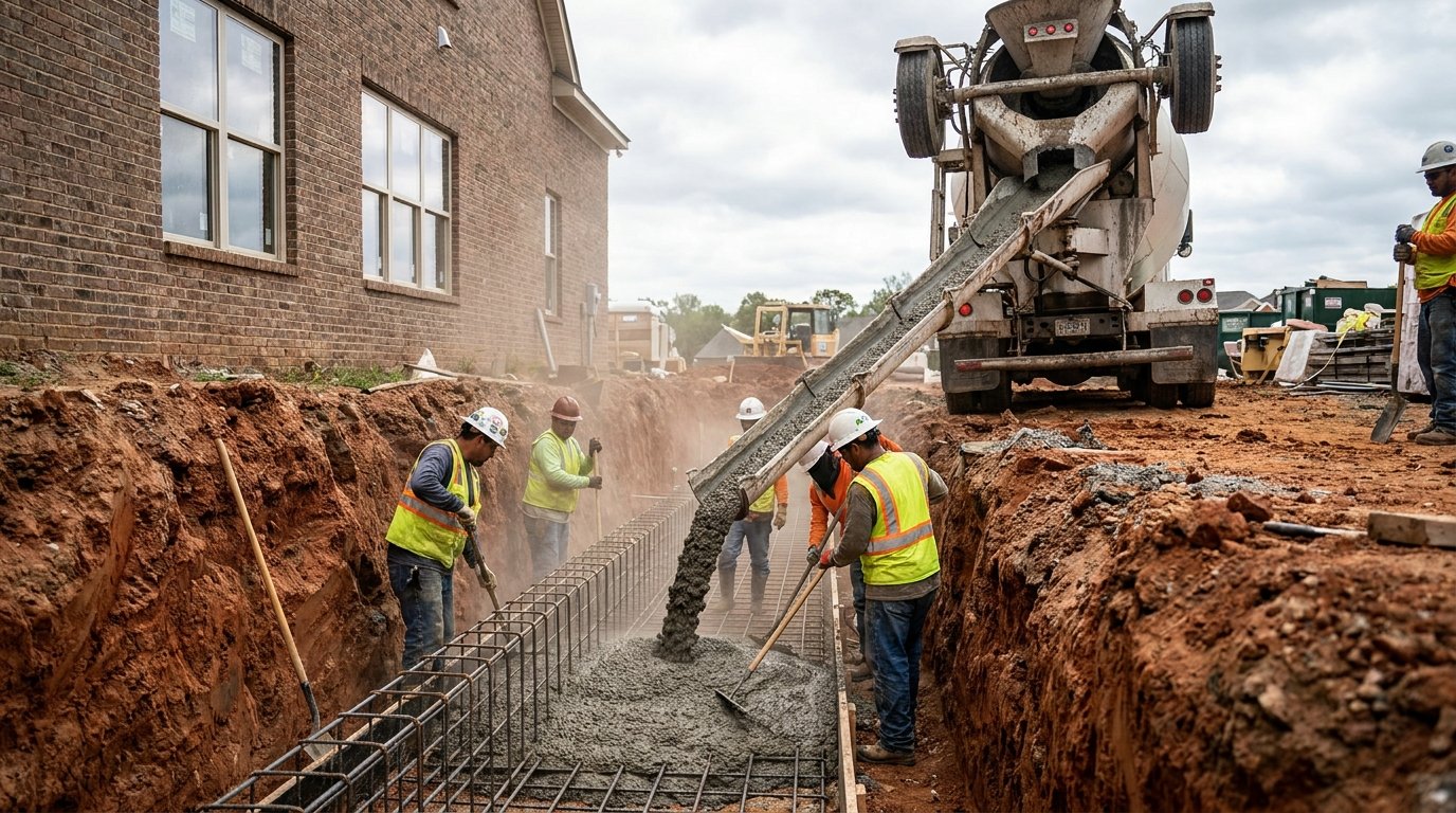 Fondation maison - ferraillage et coulage du béton dans la tranchée de fondation