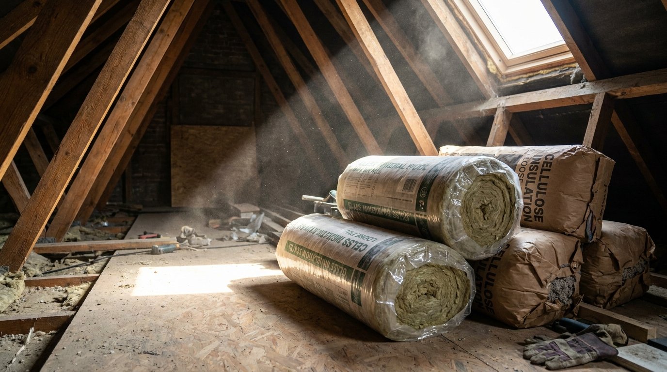 isolation combles perdus - materiaux laine minerale et ouate sur chantier