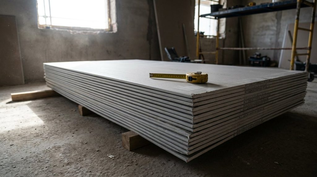 Plaque de platre BA13 dimension - stock de plaques sur chantier avec metre