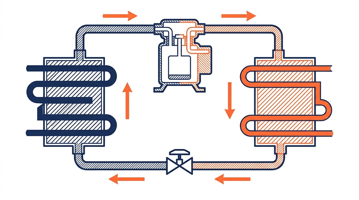 Pompe a chaleur maison - schema du cycle thermodynamique avec compresseur, condenseur, detendeur et evaporateur