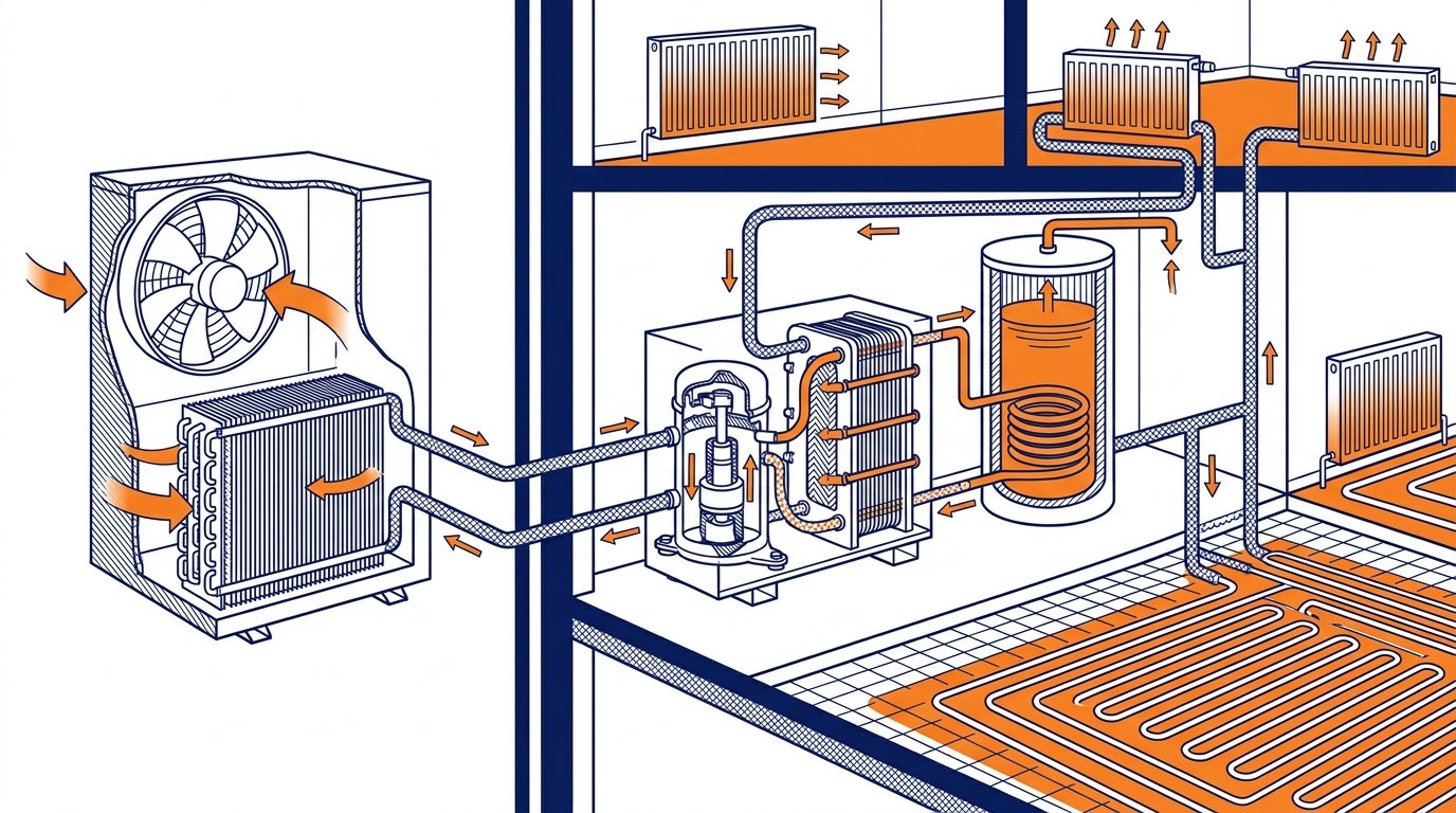 Pompe a chaleur maison - schema de principe d une PAC air-eau reliant unite exterieure, module hydraulique, radiateurs et plancher chauffant