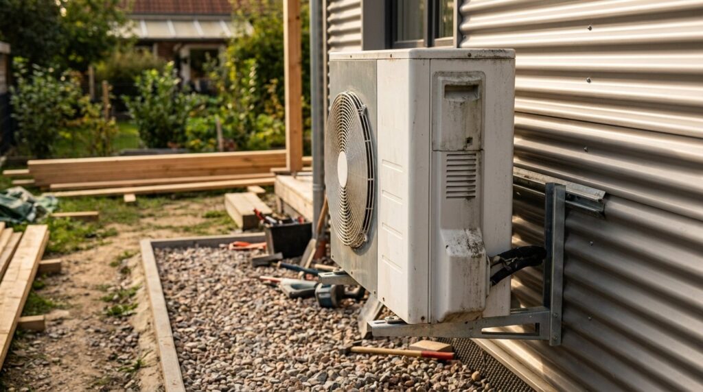 Pompe a chaleur maison - unite exterieure installee sur mur de facade