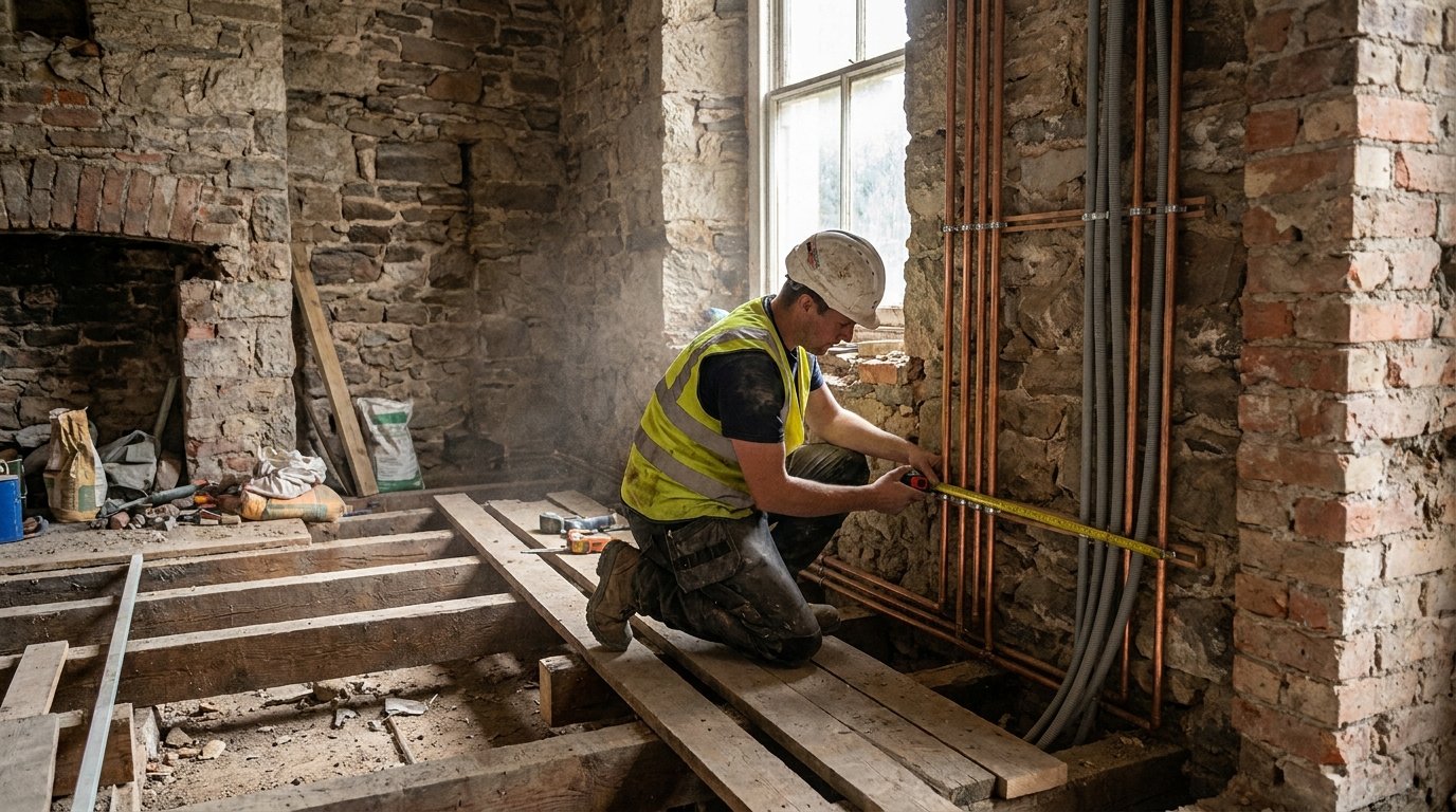 Rénovation maison ancienne étapes - passage des réseaux dans un intérieur mis à nu