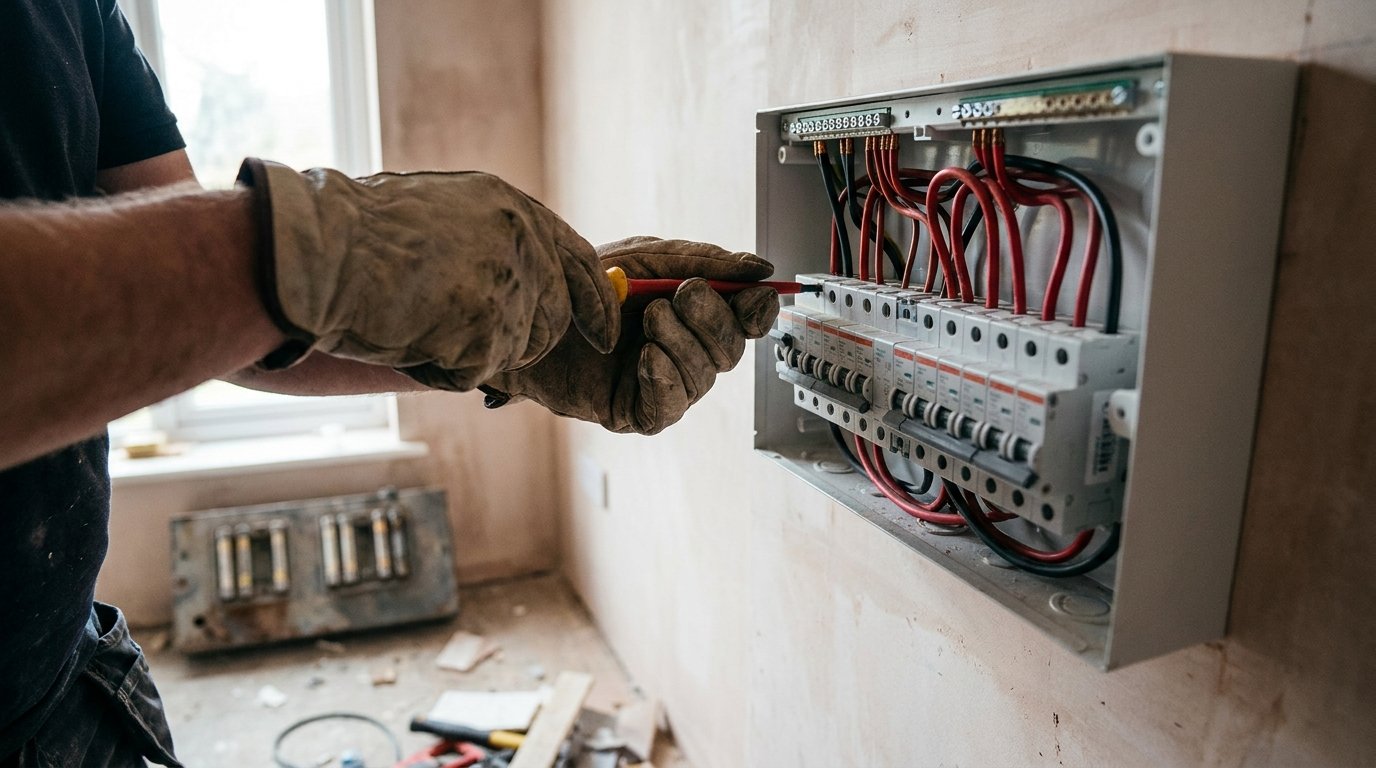 Tableau electrique maison - electricien cablant un coffret neuf lors d'une mise aux normes