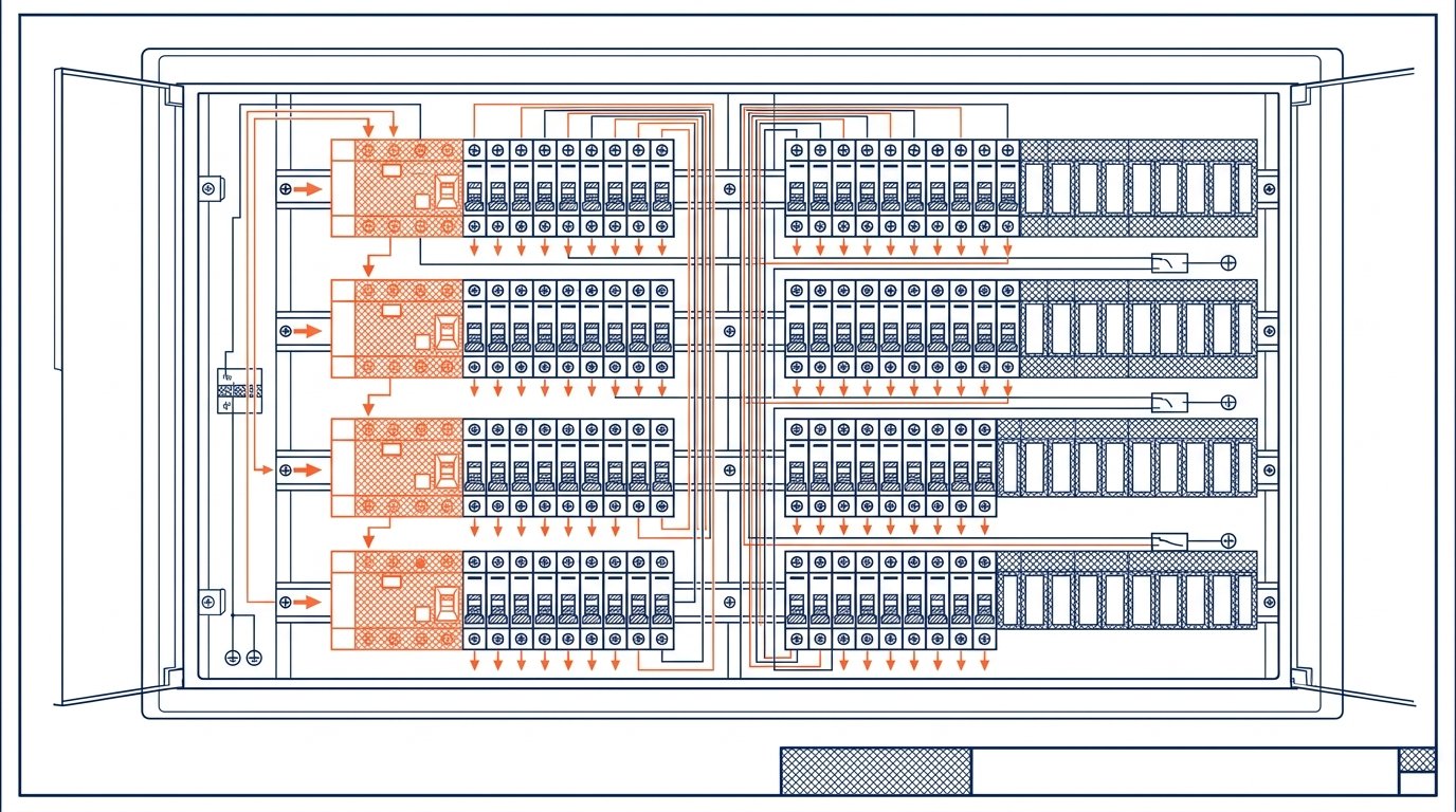 Tableau electrique maison - vue de face d'un coffret de repartition a quatre rangees de modules