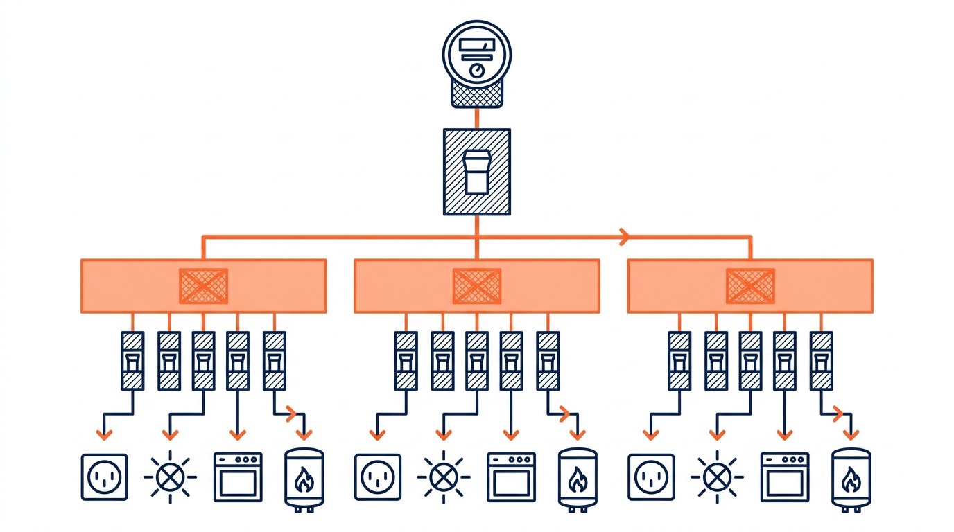 Tableau electrique maison - schema de repartition du compteur vers les disjoncteurs et les circuits