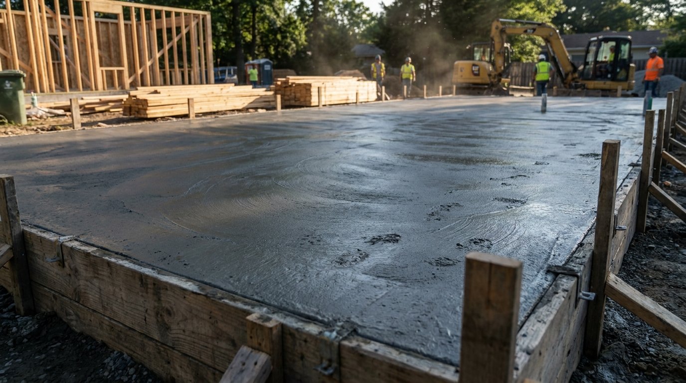 Temps de séchage dalle béton - dalle fraîchement coulée en cours de séchage sur un chantier