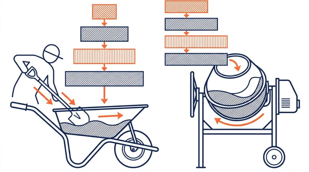 Beton petite quantite sans toupie - comparaison melange a la main et betonniere electrique