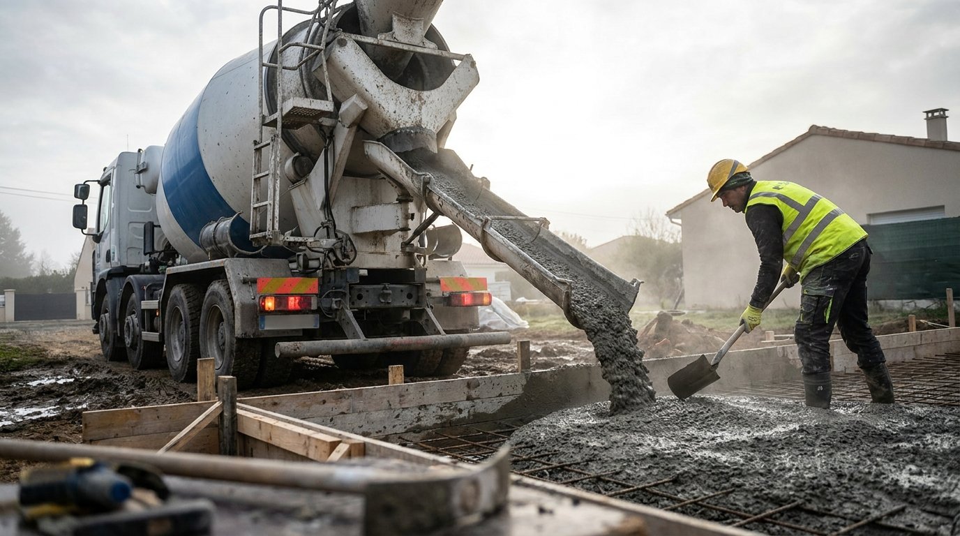 Béton prêt à l'emploi prix toupie - camion toupie déchargeant du béton sur un chantier