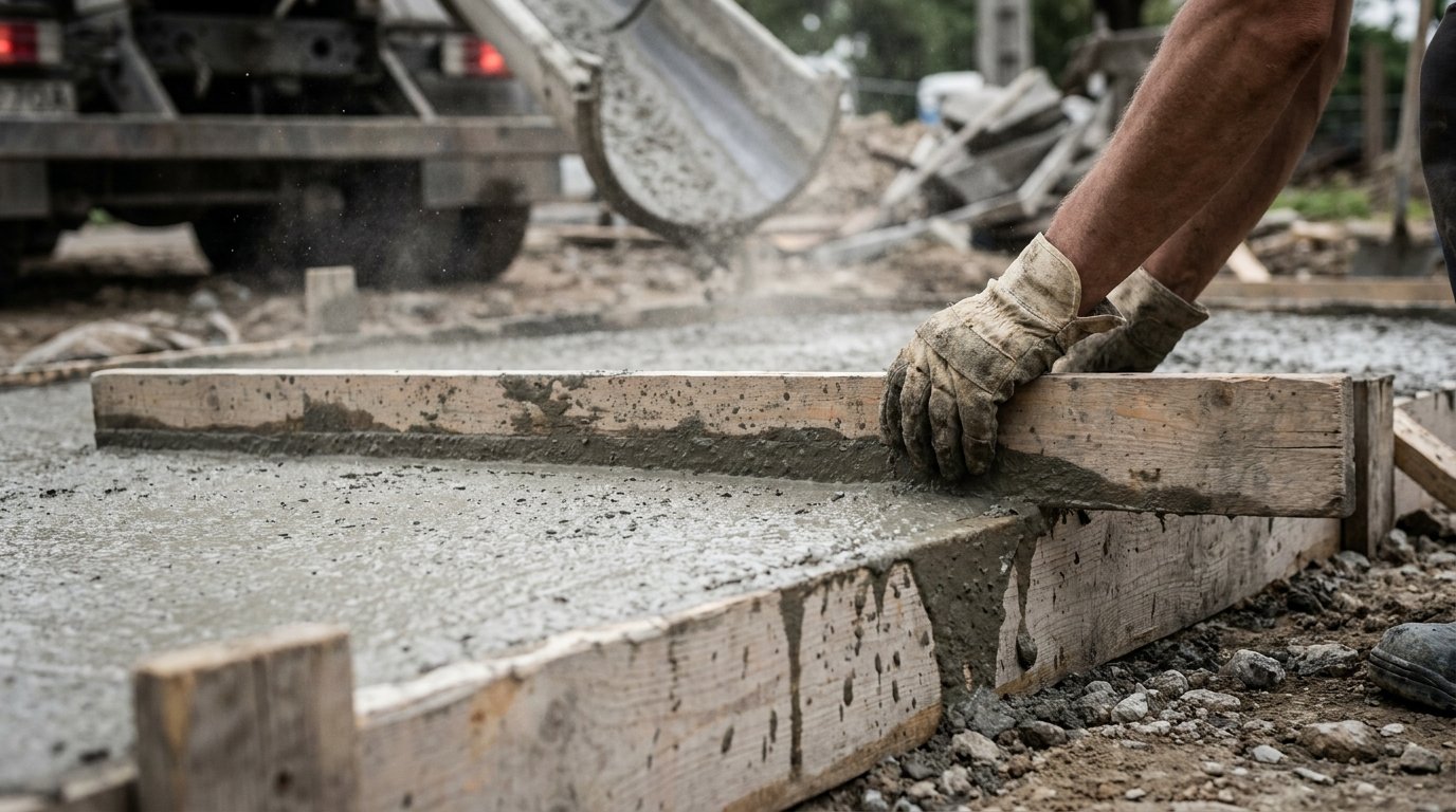 Béton prêt à l'emploi prix toupie - ouvrier nivelant du béton frais avec une règle de maçon