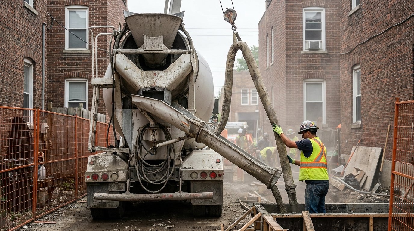Béton prêt à l'emploi prix toupie - pompe à béton en accès urbain contraint