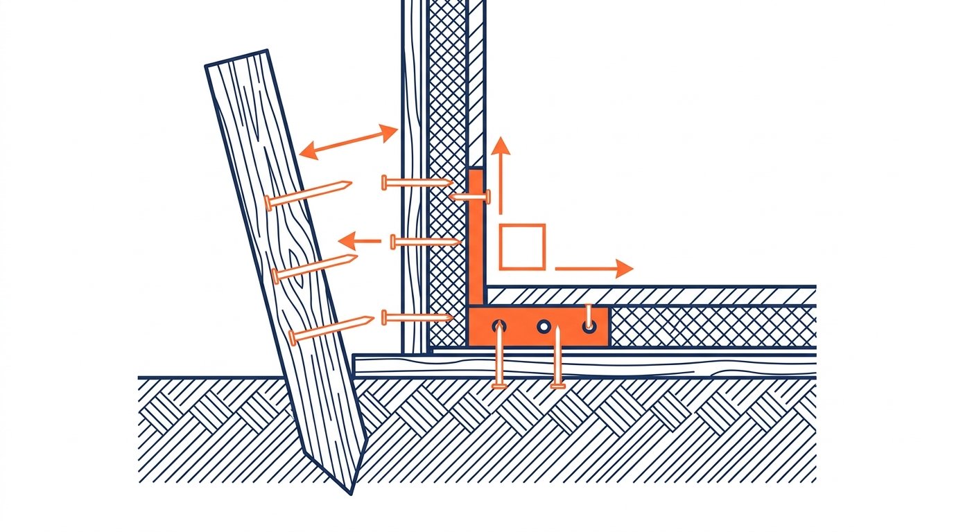 Coffrage dalle béton technique - angle de planches assemblé avec piquet et niveau à bulle