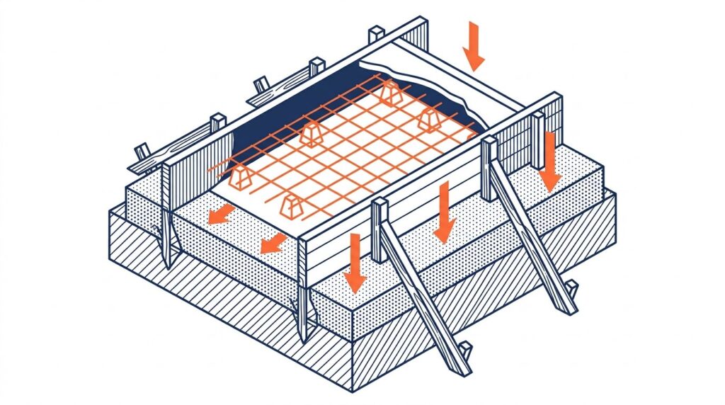 Coffrage dalle beton technique - schema coupe avec planches, piquets et armature avant coulage