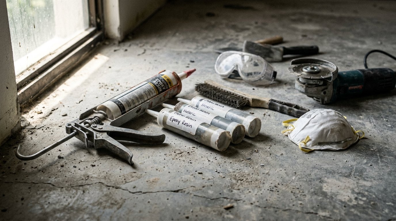 Fissure dalle béton réparation - outils et matériaux nécessaires posés sur une dalle