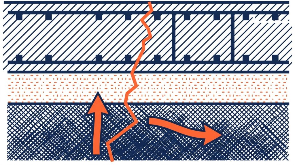 Fissure dalle béton réparation - coupe schématique d'une fissure traversant une dalle en béton armé