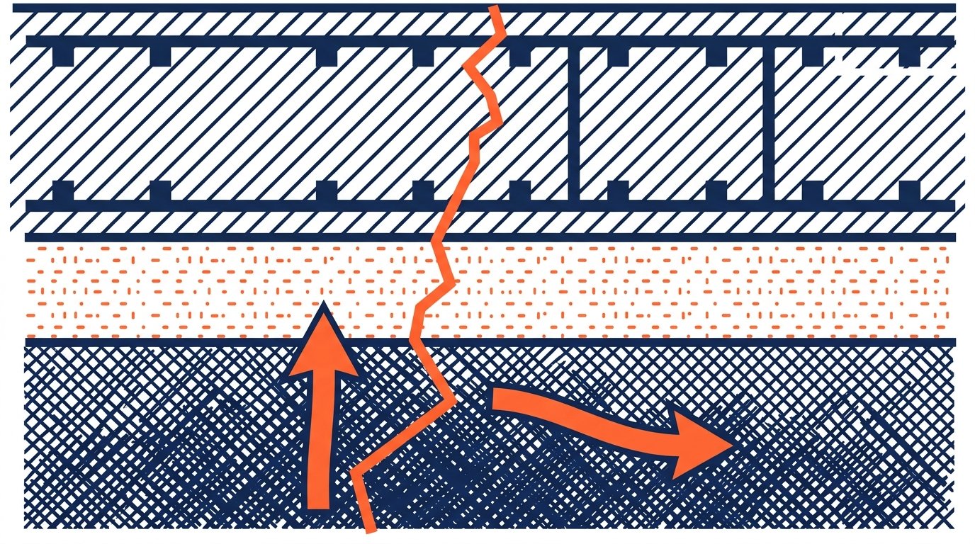Fissure dalle béton réparation - coupe schématique d'une fissure traversant une dalle en béton armé
