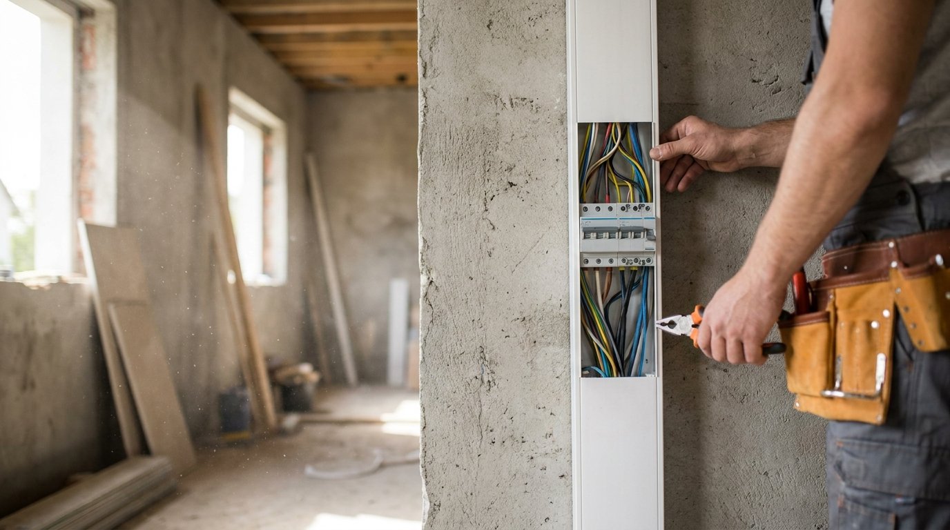 Electricien installant une gaine technique logement GTL sur chantier