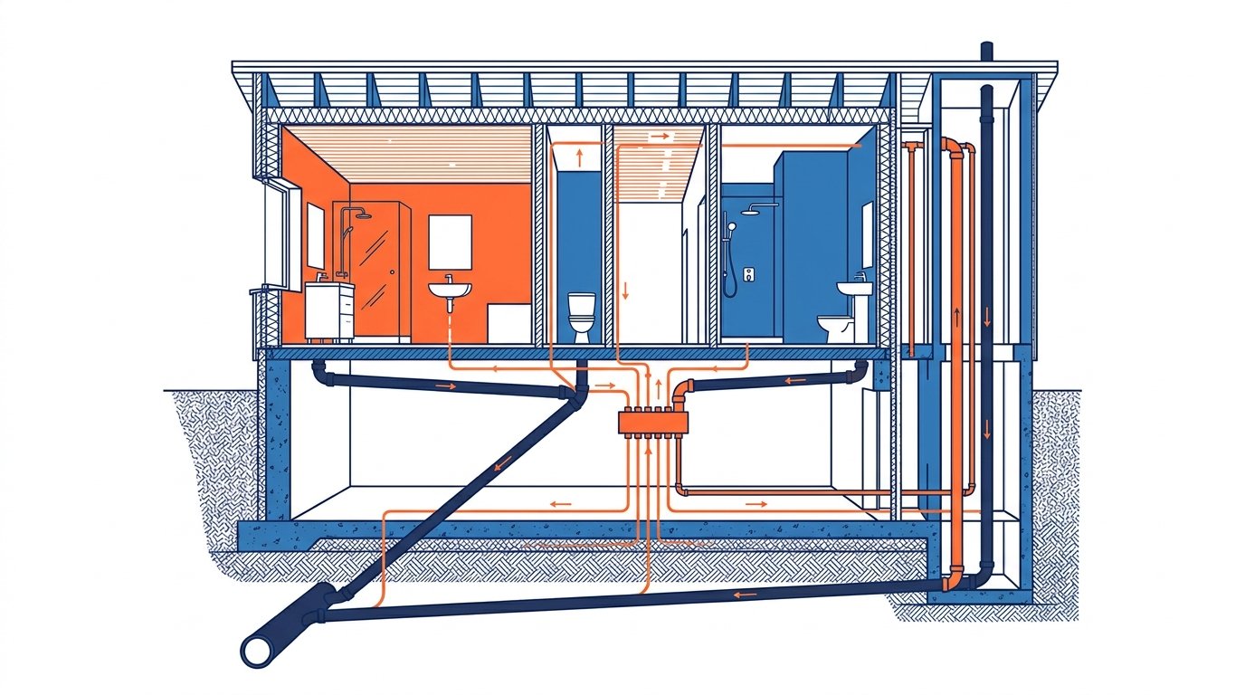 Installation plomberie maison neuve - schéma en coupe du réseau d'eau et d'évacuation