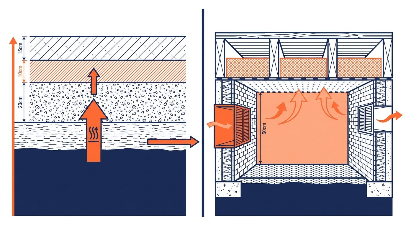 Isolation plancher bas terre plein comparé au vide sanitaire ventilé en coupe technique