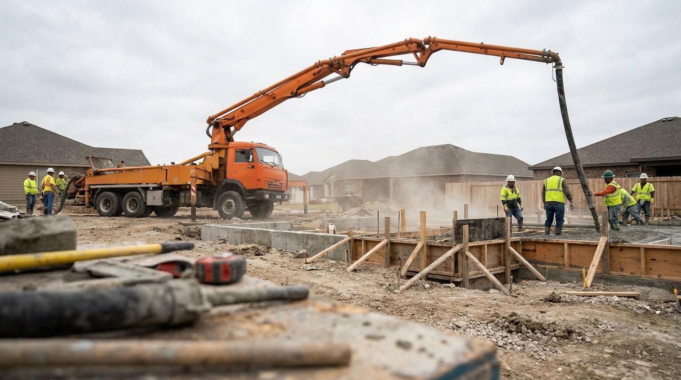Prix pompe à béton chantier - camion pompe à flèche automotrice en action sur un chantier