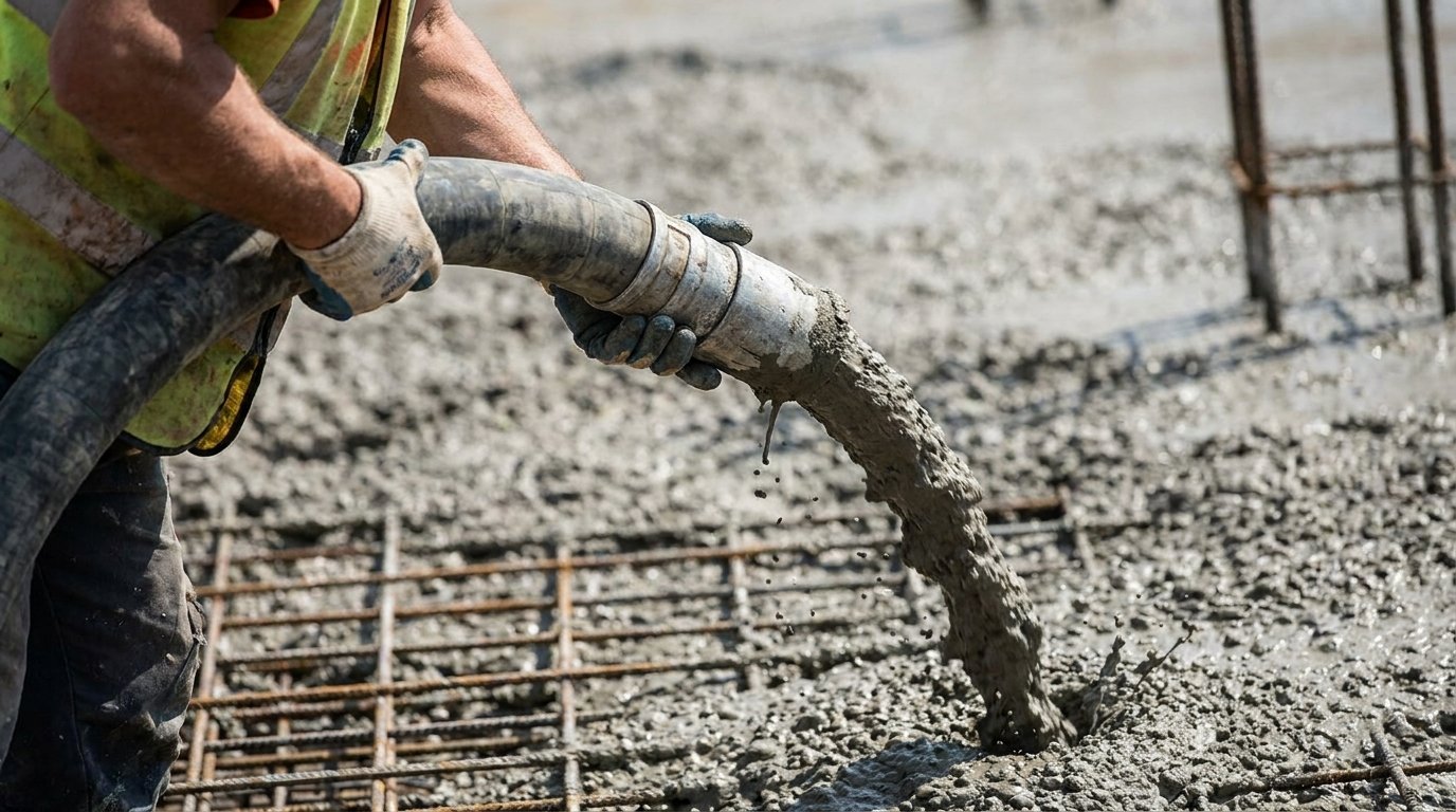 Prix pompe à béton chantier - coulage de dalle avec flexible de pompage tenu par un ouvrier
