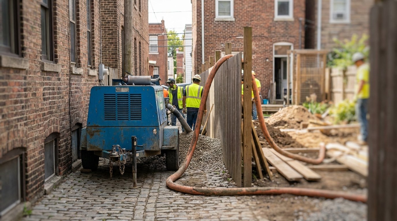 Prix pompe à béton chantier - mini-pompe compacte en accès urbain contraint entre deux bâtiments