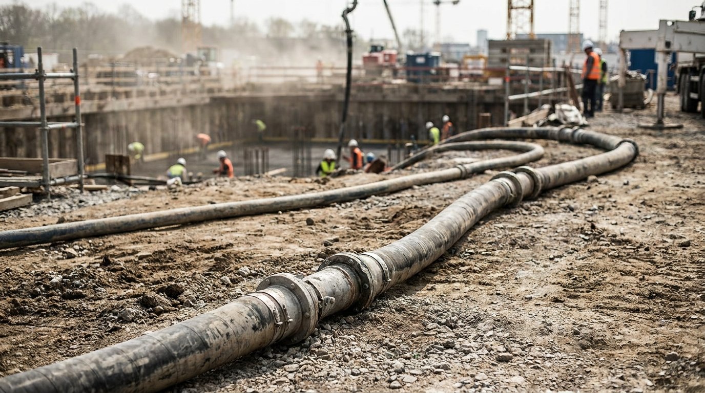 Prix pompe à béton chantier - tuyauterie de pompage posée au sol reliée à la pompe stationnaire
