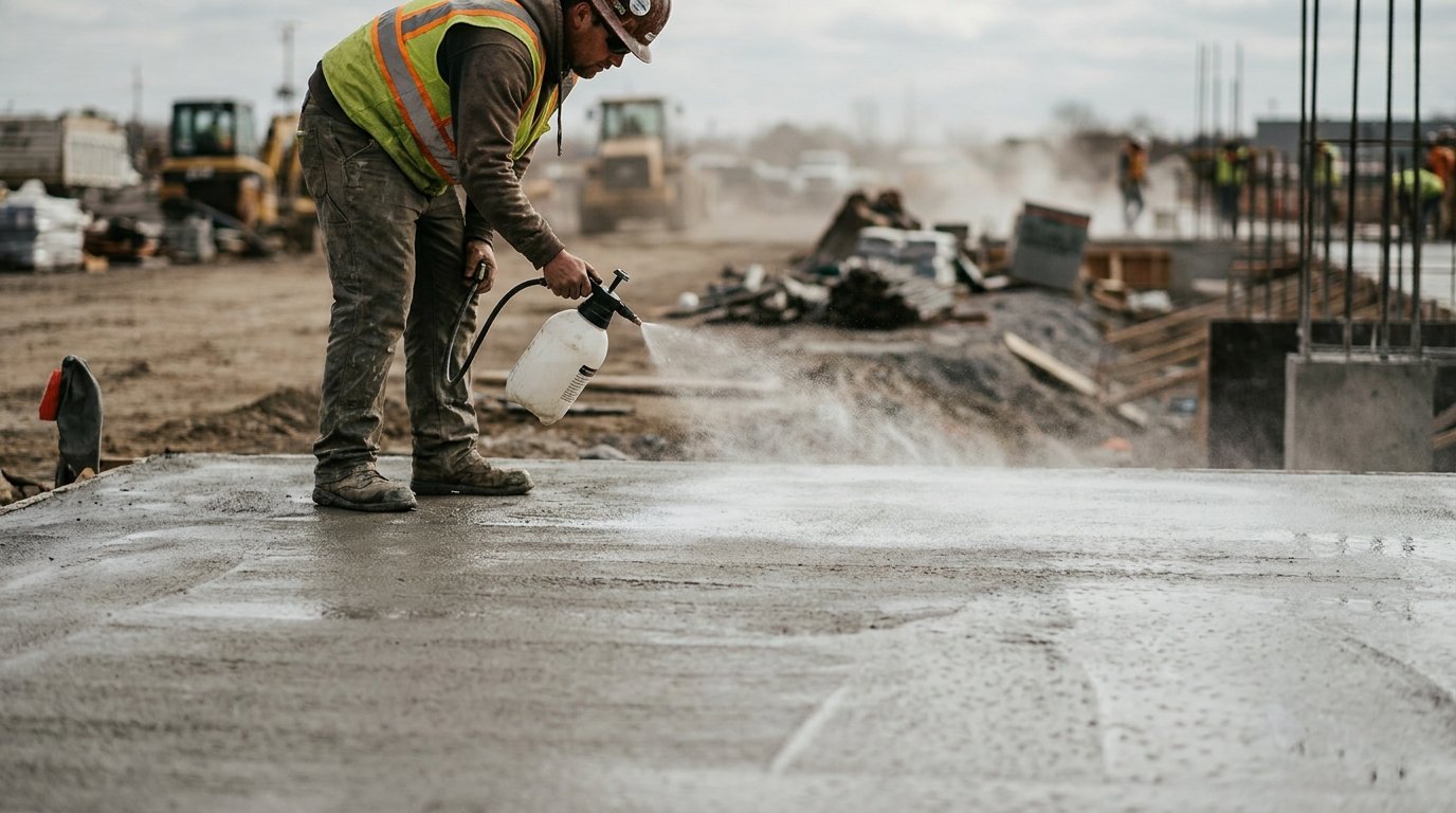Retrait béton causes solutions - application d'un produit de cure sur une dalle fraîchement coulée