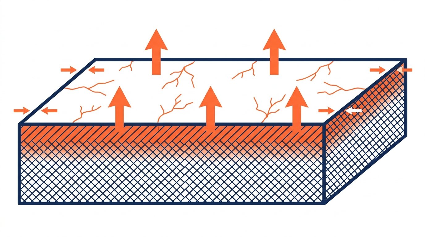 Retrait béton causes solutions - coupe schématique de l'évaporation et de la fissuration de surface d'une dalle