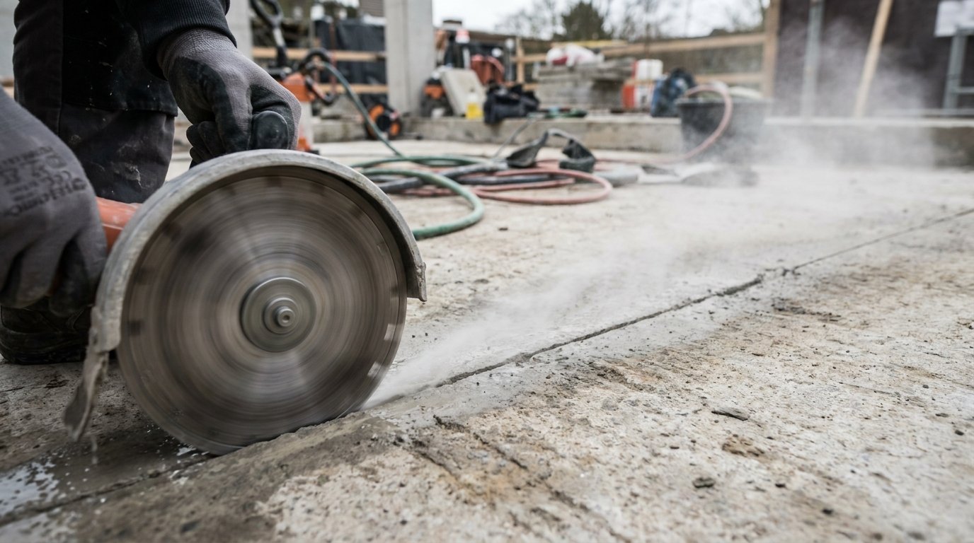 Retrait béton causes solutions - sciage d'un joint de retrait au disque sur une dalle béton
