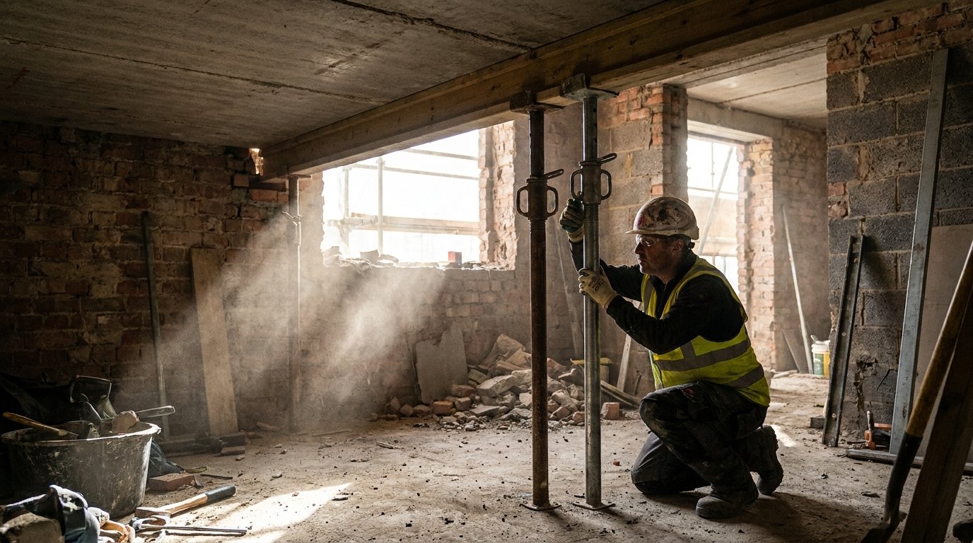 Étai location prix journalier - installation d'étais sous un plafond pendant des travaux de rénovation