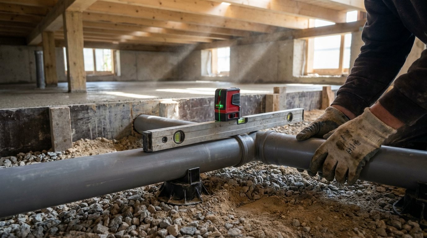 Pente évacuation eaux usées norme - pose canalisation PVC chantier avec niveau