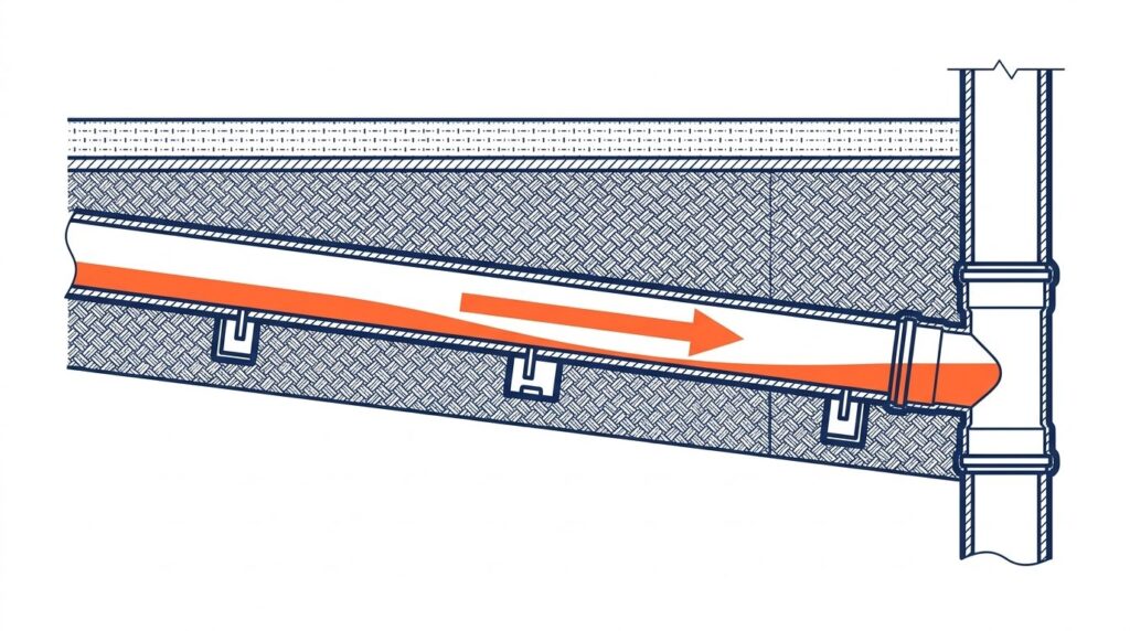Pente évacuation eaux usées norme - schéma coupe technique canalisation PVC en pente