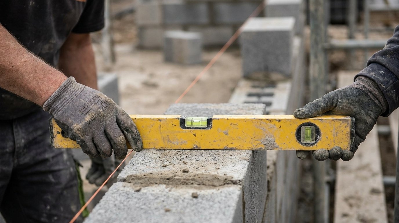 Pose parpaing étapes - chantier de maçon montant un mur en blocs béton avec niveau et cordeau