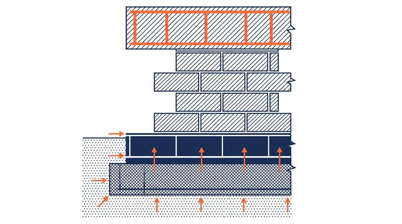 Pose parpaing étapes - schéma technique coupe de mur en parpaing avec chaînage et fondation