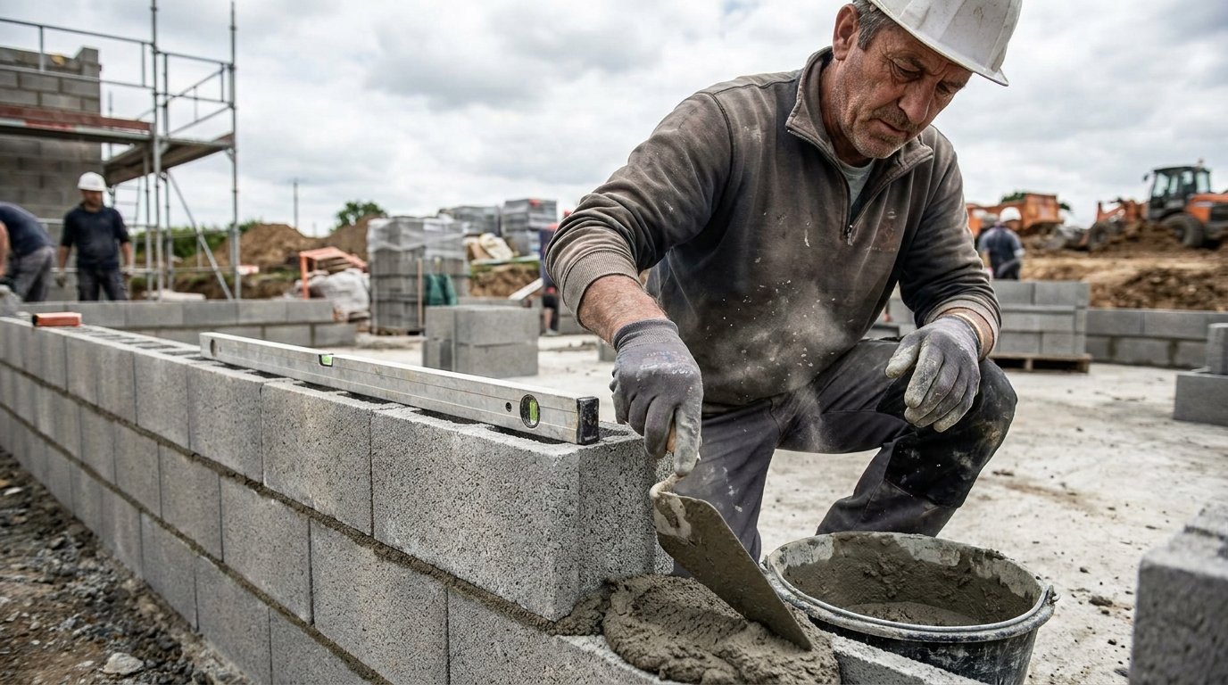 Pose parpaing étapes - maçon posant des blocs de béton sur un mur en cours de montage