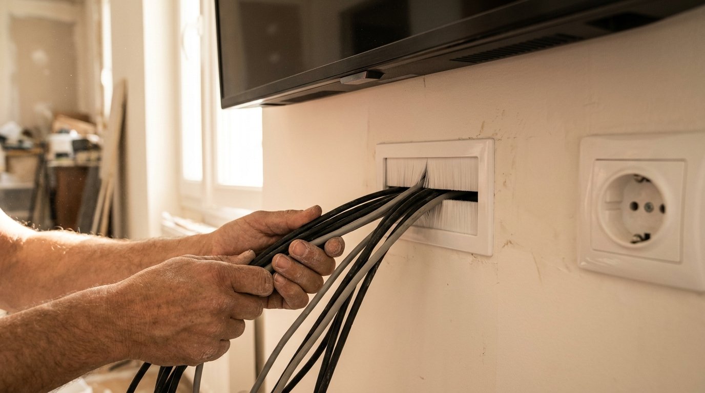 Cacher câbles TV mur placo - passage des câbles HDMI par une plaque à brosse derrière l'écran