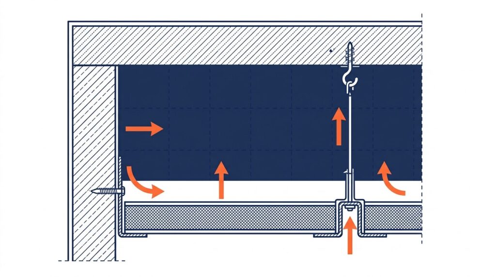 Dalle de faux plafond 60x60 - coupe technique ossature en T et suspente