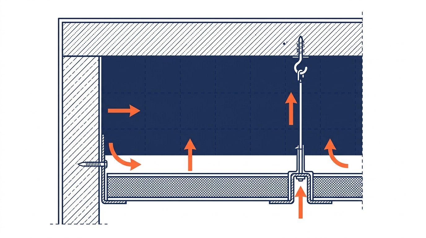 Dalle de faux plafond 60x60 - schéma technique de l'ossature en T et de la suspente