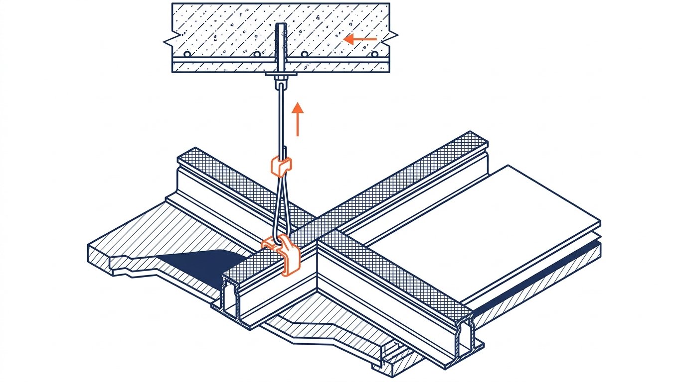Dalle de faux plafond 60x60 - détail de la suspente réglable et du profilé en T