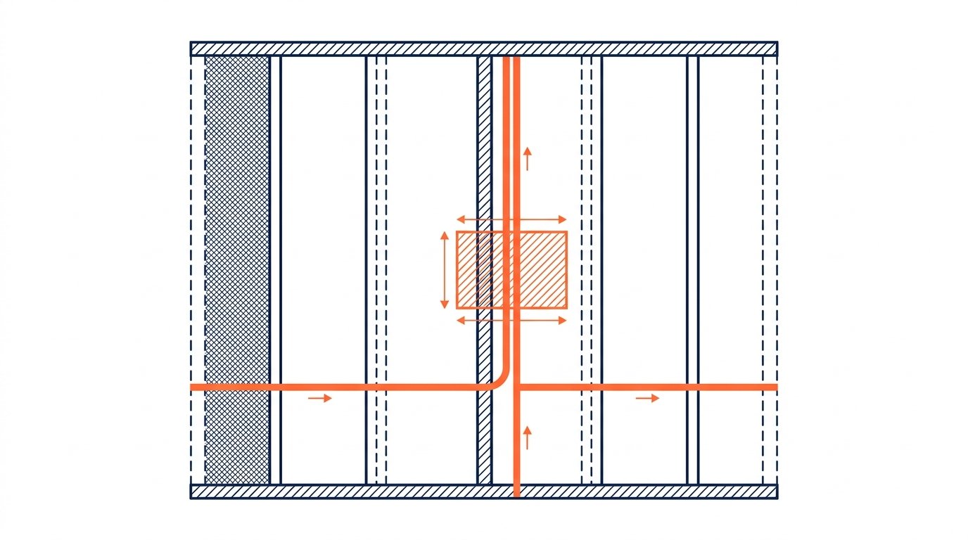 Détecteur métaux montant placo - cloison avec montants, câble électrique et tuyau repérés