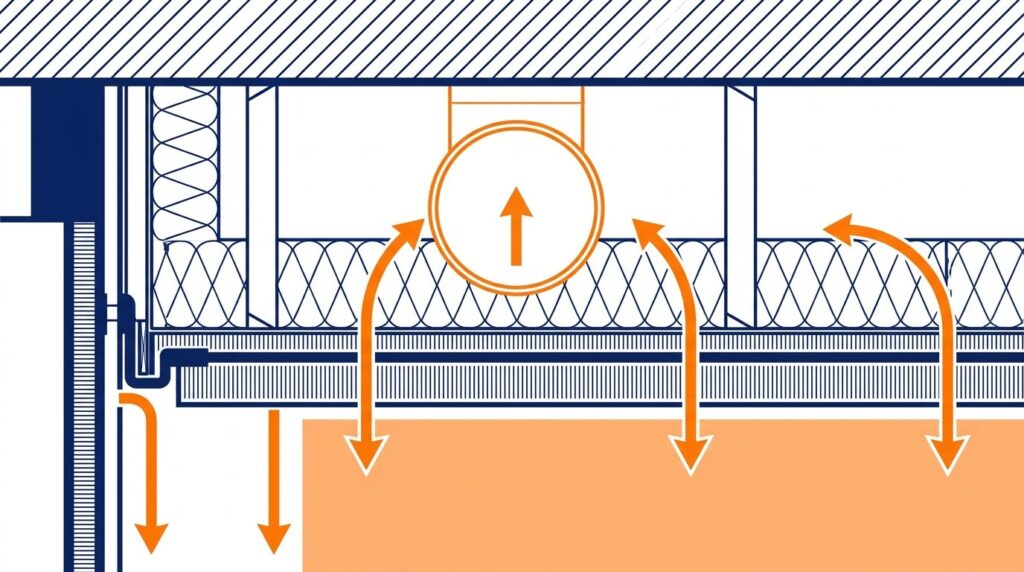Faux plafond PVC salle de bain - coupe technique du plénum ventilé au-dessus d'une douche