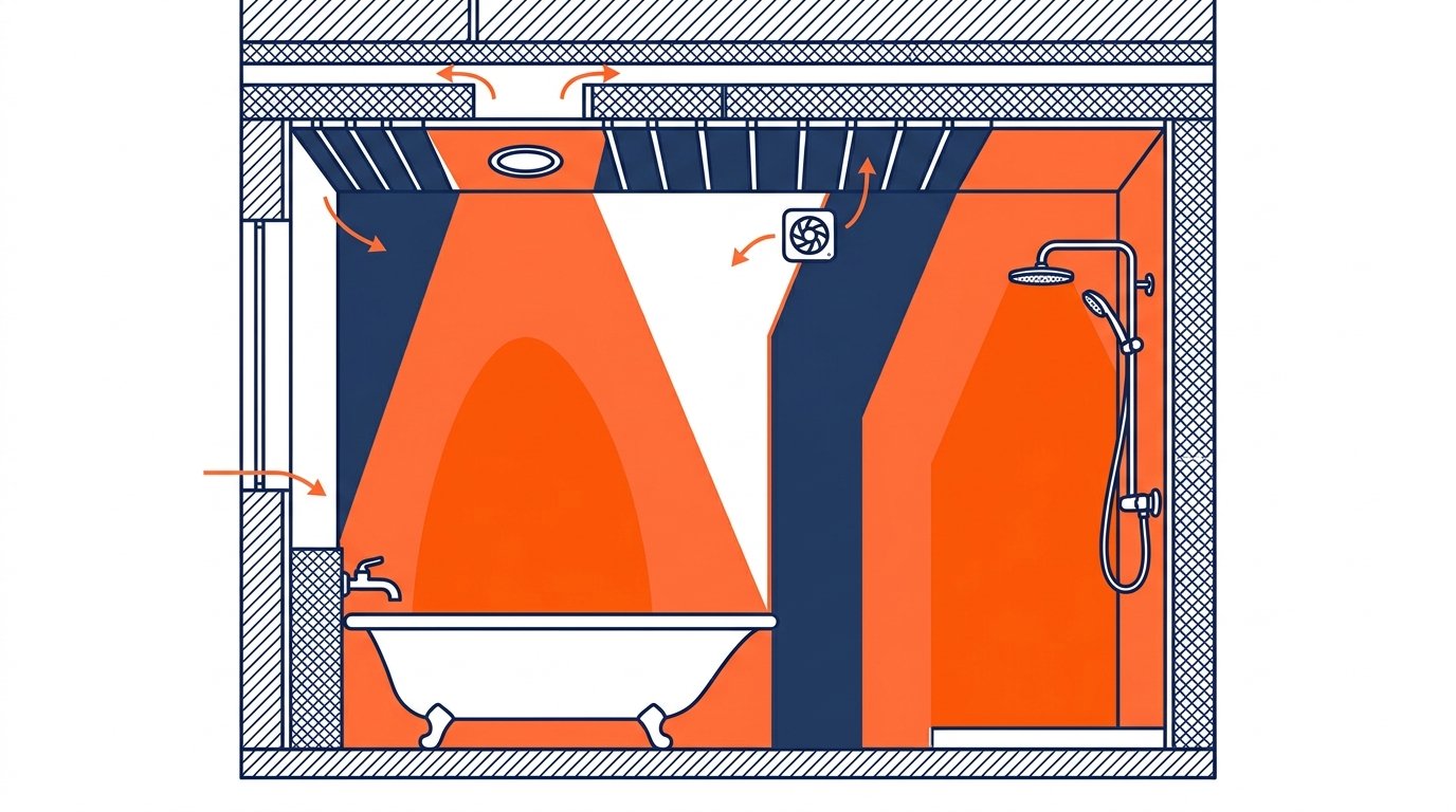 Faux plafond PVC salle de bain - coupe des zones de securite electrique autour d'une douche et d'une baignoire