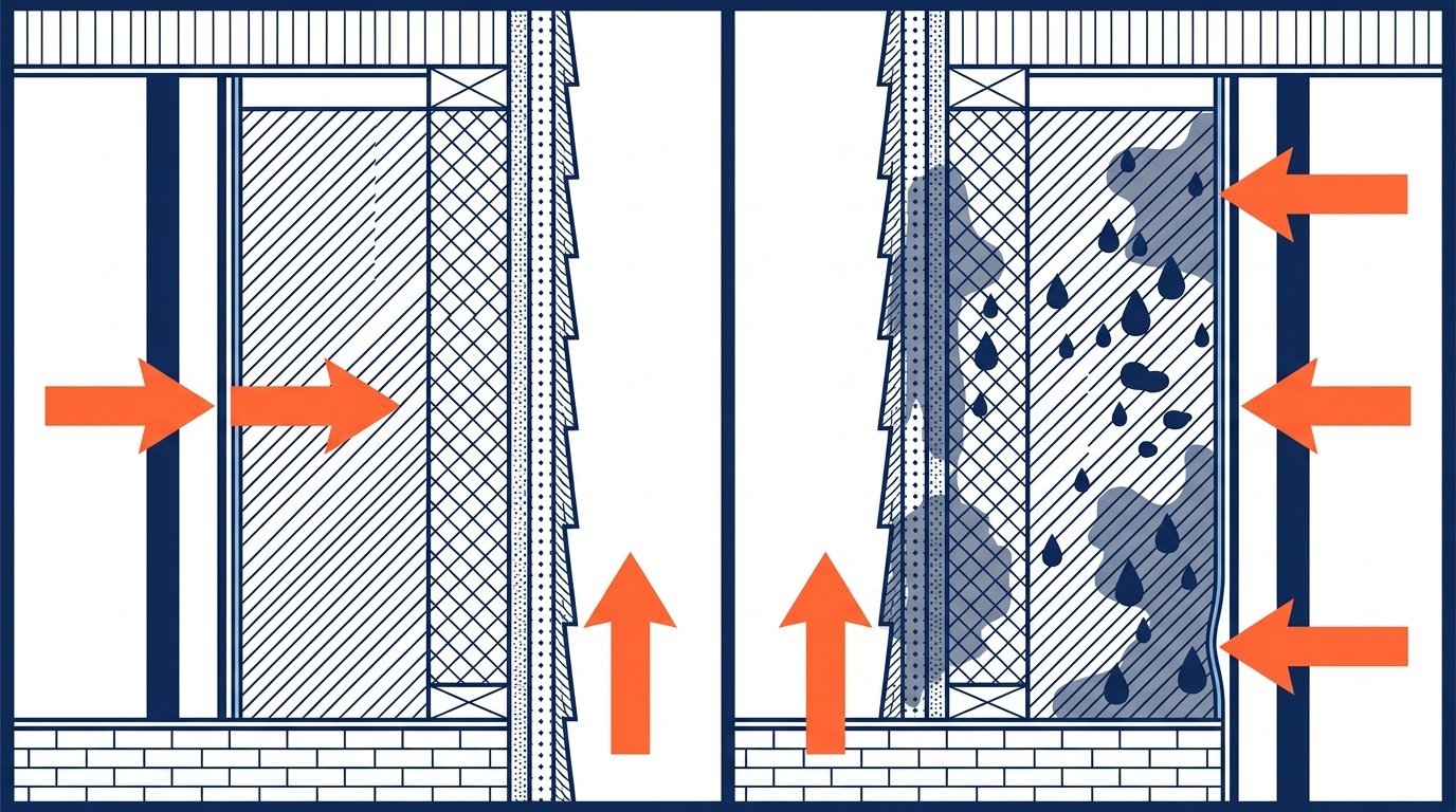 Pare vapeur faux plafond - comparaison pose correcte côté chauffé et pose incorrecte côté froid