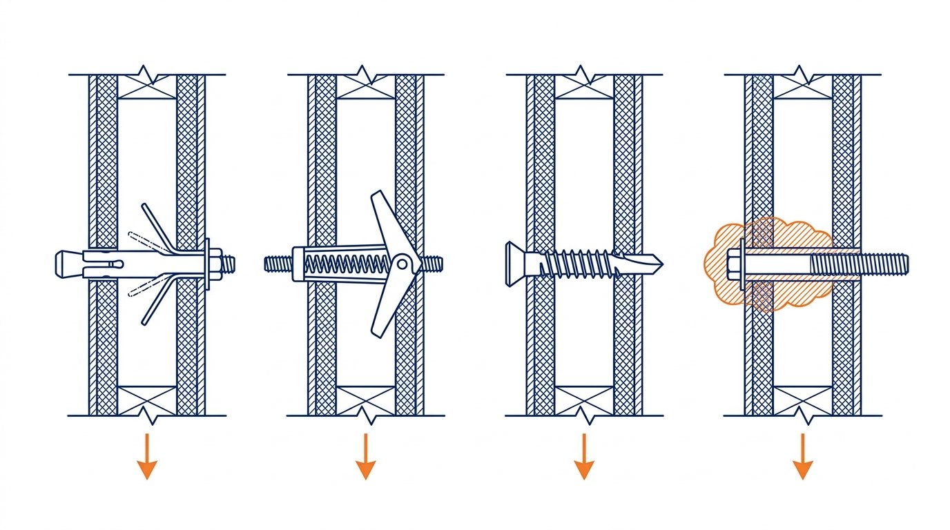Pince à expansion Molly comment choisir - comparaison en coupe de quatre chevilles pour plaque de plâtre