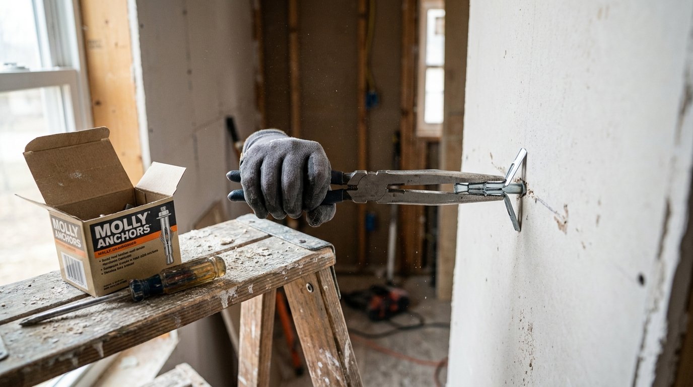 Pince à expansion Molly comment choisir - mains posant une cheville métallique dans une cloison en plaque de plâtre