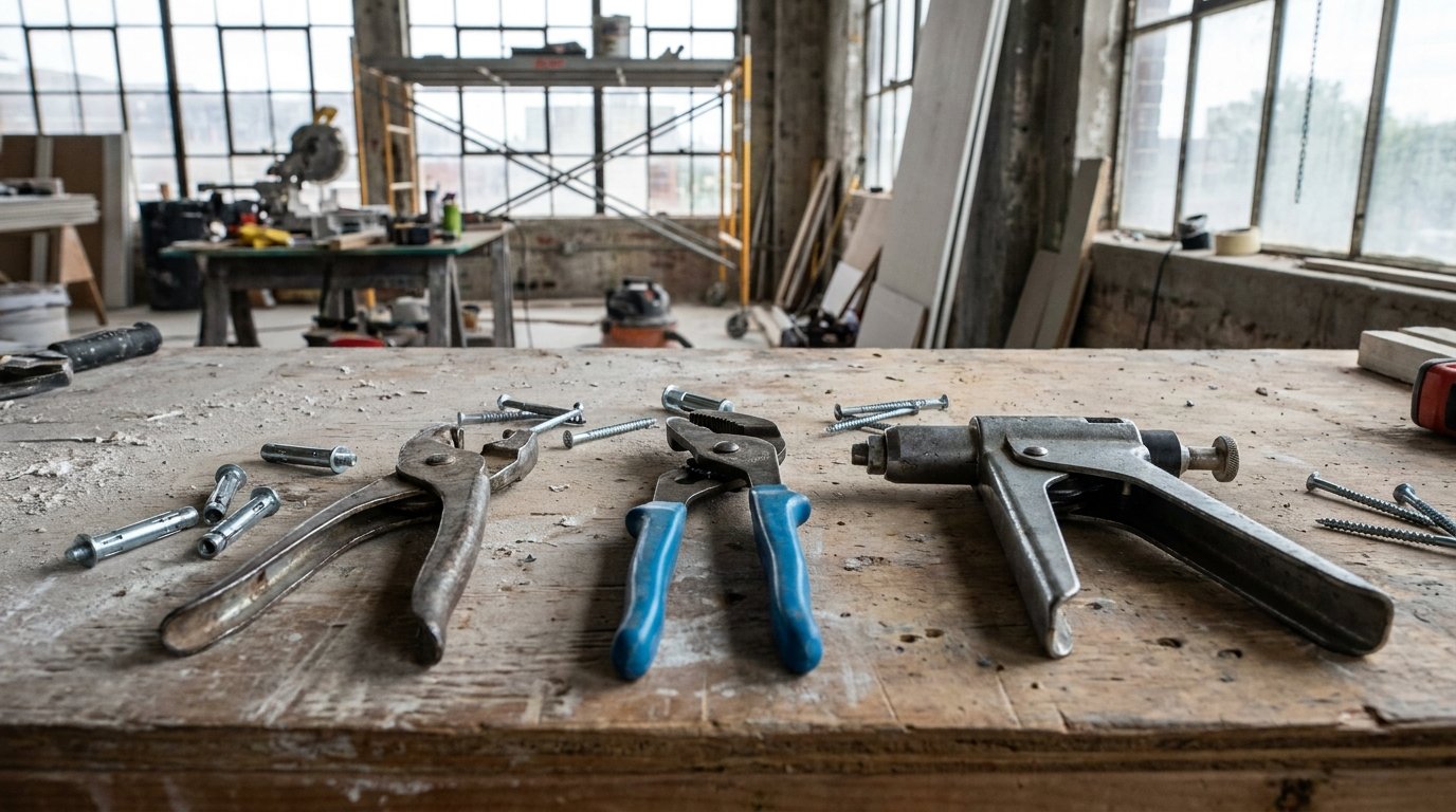 Pince à expansion Molly comment choisir - pince à levier, pince à crémaillère et pistolet posés sur un établi