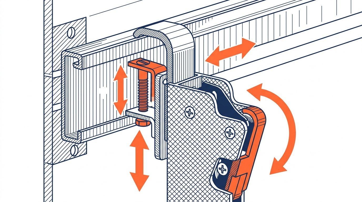 Rail suspension meuble haut cuisine - ferrure réglable accrochée sur le rail