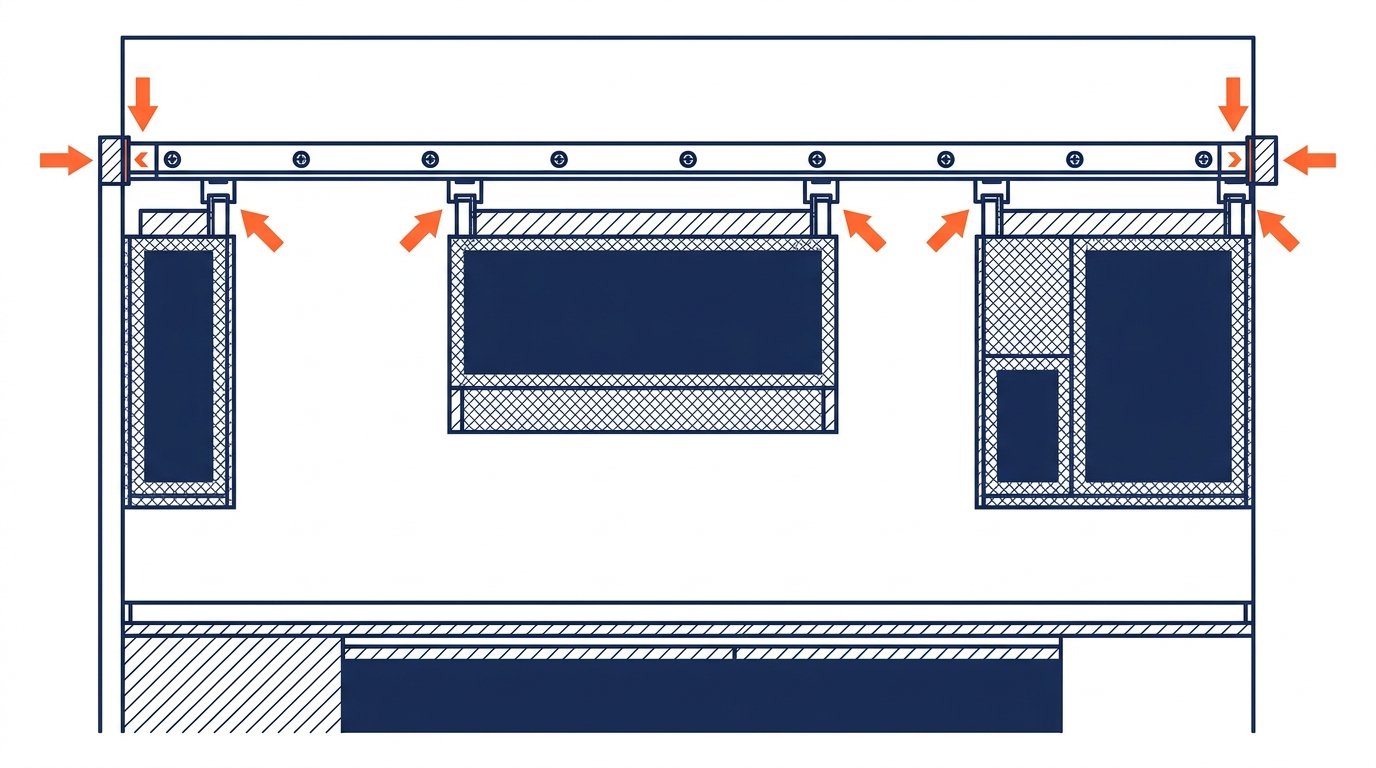 Rail suspension meuble haut cuisine - rail continu fixé au mur avec trois caissons accrochés