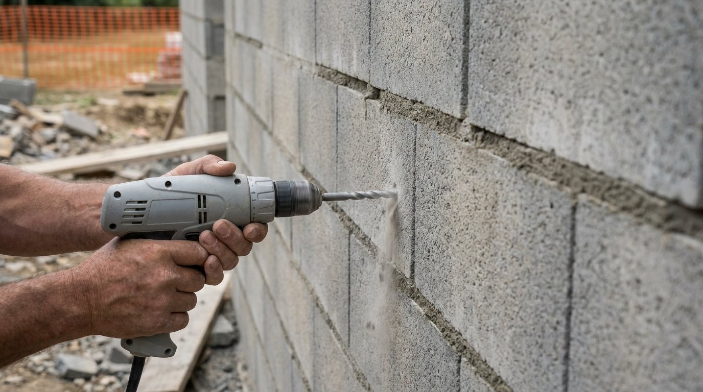 Scellement chimique parpaing creux - perçage en rotation seule dans un mur en blocs béton